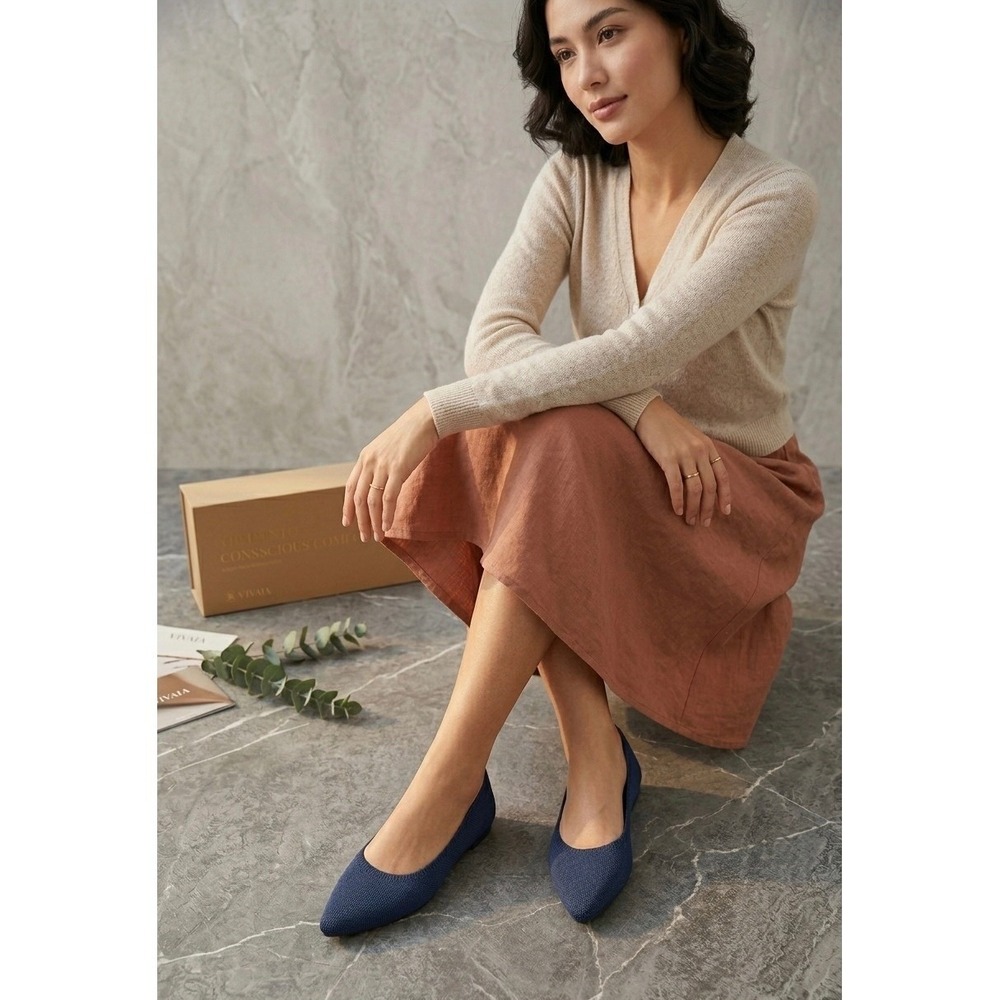 VIVAIA Navy Knit Pointed Toe Flats Stretch Comfort Ballet Shoes EU/41 US/9.5